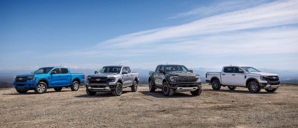 All New Ford Ranger XL, STX, Lariat, Ranger Raptor XLT Sport Lineup on a mountaintop at the skyline