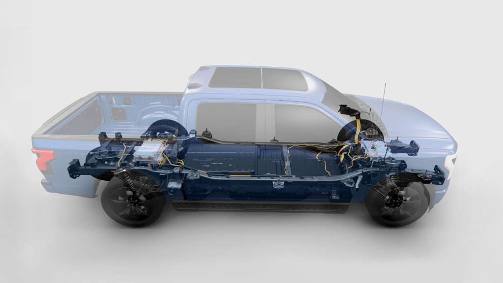 2022 Ford F-150 Lightning. Pre-production model with available features shown. Available starting spring 2022. FordPass App, compatible with select smartphone platforms, is available via a download. Message and data rates may apply.