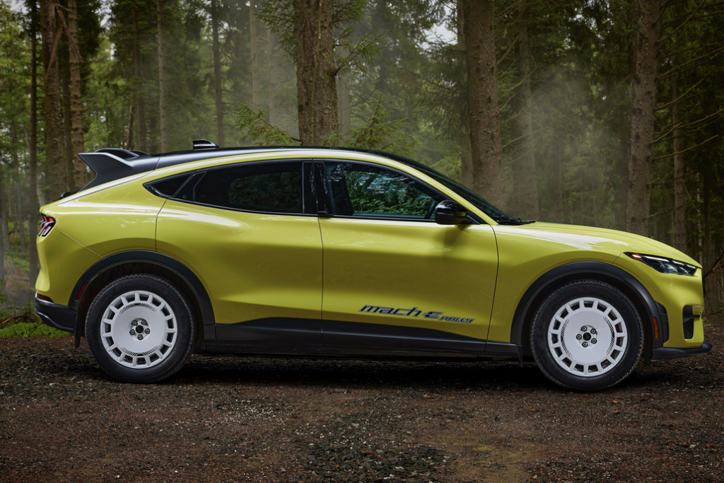 Ford Mustang Mach-E Rally Parked Side View in a Forest