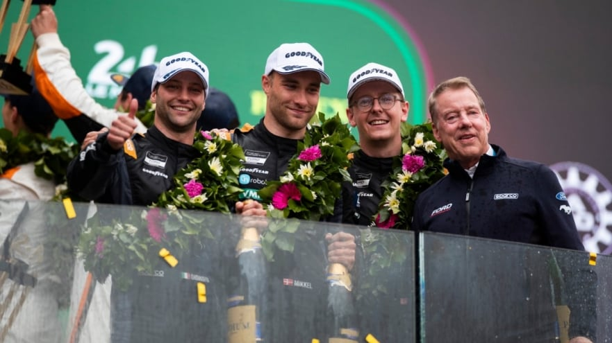 No. 88 Mustang GT3 Drivers Dennis Olsen, Giorgio Roda, and Mikkel O. Pedersen Celebrating Their Victory