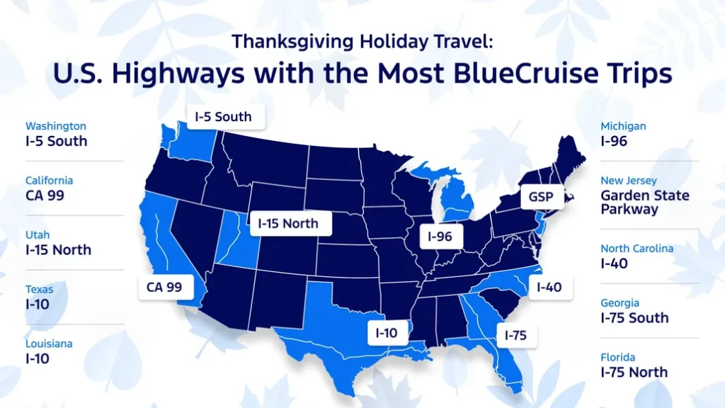 U.S. Highways with Most BlueCruise Trips During Thanksgiving 2024